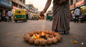 Lemon and pumpkin on the road for evil eye removal in Kannada
